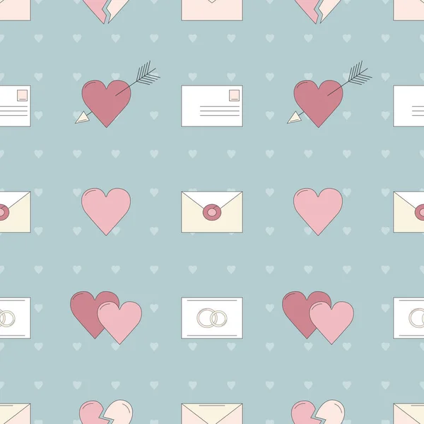 Seamless Cartoon Vector Background Hearts Postal Envelopes Pattern Shows Various — Stock Vector