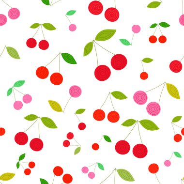 Bu kiraz çilekleri ile kusursuz vektör deseni. Kırmızı ve pembe kirazlar, yeşil yapraklar ve spiraller kaotik bir sırayla yerleştirilmişlerdir. Kırmızı meyveli yaz arkaplanı..