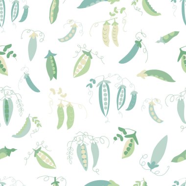 Düz fasulye ve bezelye var, farklı kabuklu pastel, dikişsiz vektör deseni. Beyaz arka planda soyut yeşil, sarı ve mavi bezelye ve fasulye kabukları ve yaprakları var..