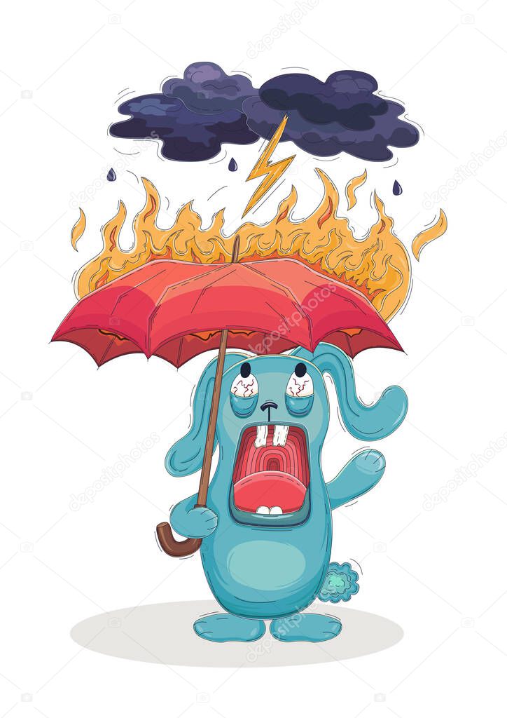 The cartoon blue rabbit screams and stands under a burning umbrella. The lightning from the storm clouds strikes the umbrella and sets fire to it. The hare stares at the flame, panics, his jaw dropped. It is the grotesque comic illustration about bad
