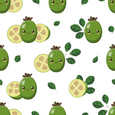 Gülen yüzleri, parçaları ve yapraklı egzotik feijoa meyvesi dilimleri olan sevimli çizgi film feijoa meyveleri, çocuklar için kusursuz vektör deseni. Beyaz arka planda mutlu kawaii feijoa, stilize meyve.