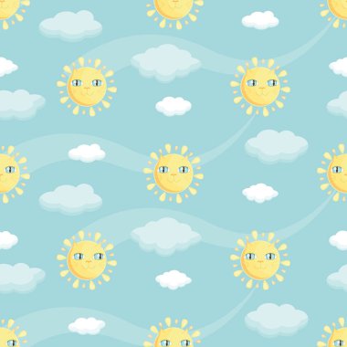 Gökyüzünde bulutların arasında parlayan kedi suratlı şirin çizgi film güneşi, çocuklar için kusursuz vektör arkaplanı. Gülümseyen güneşin komik deseni bir kedi yavrusu misali bulutlu gökyüzünde parlıyor..