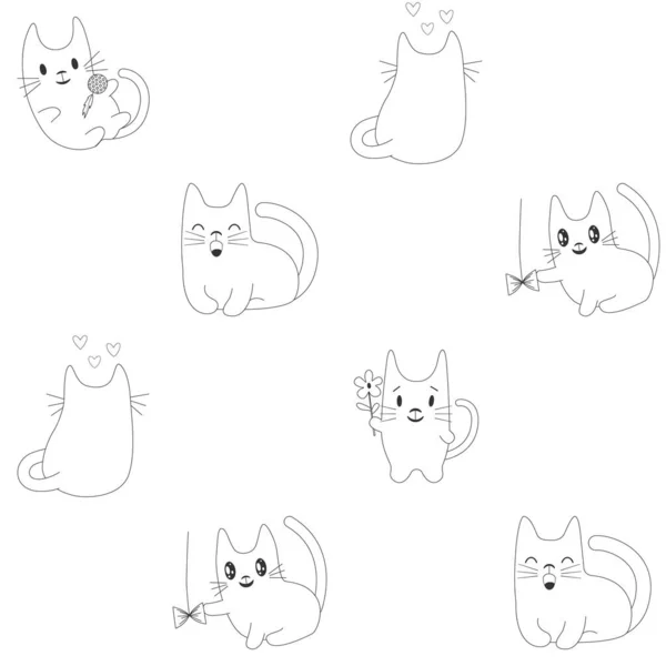 Nahtloses Vektormuster Skizzenstil Mit Niedlichen Handgezeichneten Katzen Lustige Weiße Silhouetten — Stockvektor