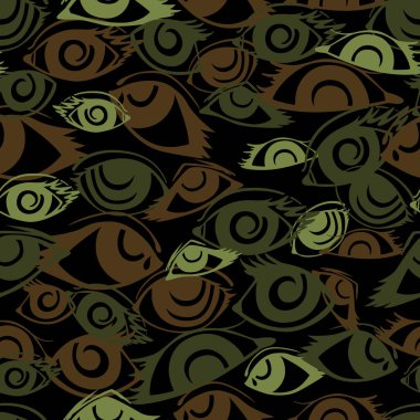İnsan gözünün soyut silueti ile kamuflaj vektörsüz dokusu. Kahverengi, siyah ve yeşil noktalar. İnsan gözü şeklinde. Yüzünün parçaları kusursuz askeri desen..