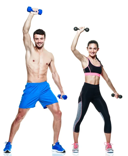 Homem casal e mulher exercícios de fitness isolados — Fotografia de Stock