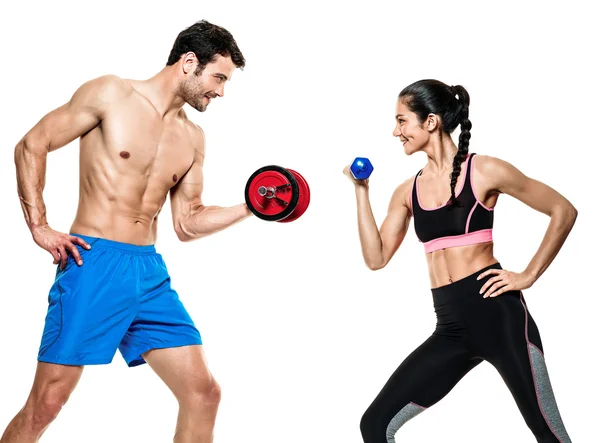 Homem casal e mulher exercícios de fitness isolados — Fotografia de Stock