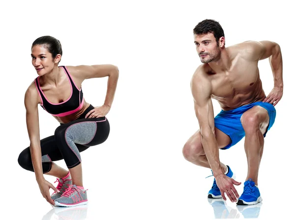 Couple man and woman fitness exercises isolated — Stock Photo, Image