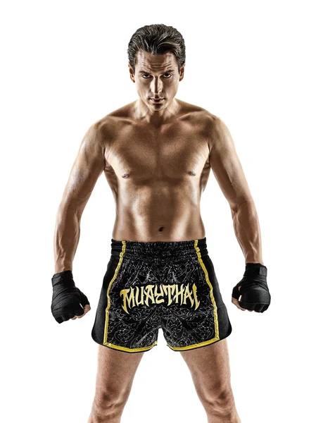 Boks tajski kickboxing kick boks mężczyzna na białym tle — Zdjęcie stockowe