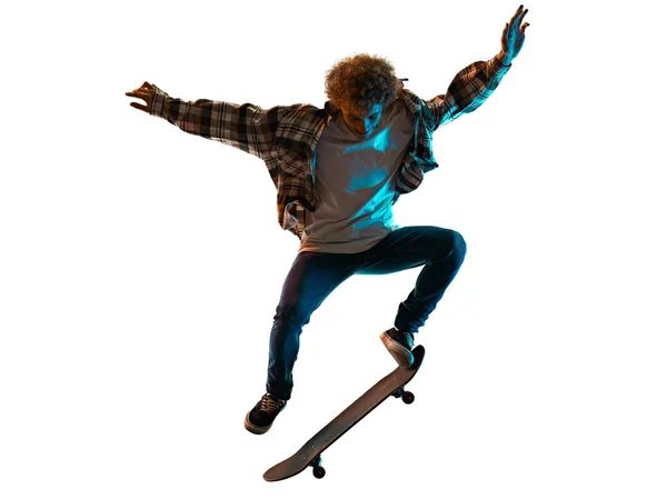 Young man skateboarder Skateboarding isolated white background shadow silhouette — Stock Photo, Image