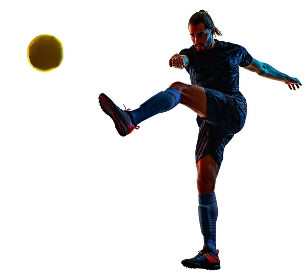 Jonge voetballer geïsoleerde witte achtergrond silhouet schaduw Rechtenvrije Stockafbeeldingen