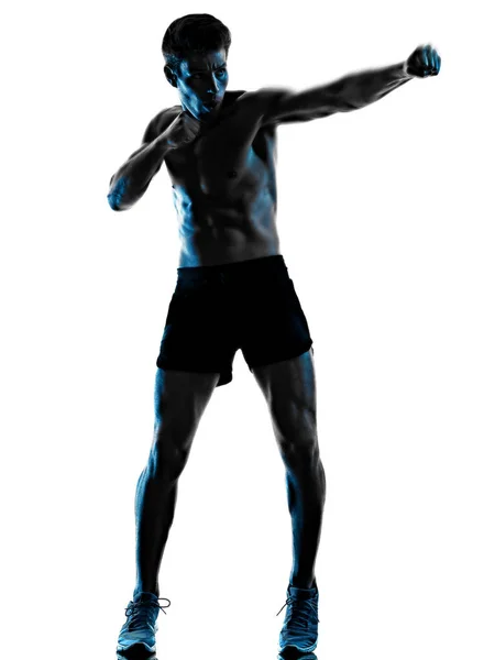Молодий чоловік фітнес-тренування Використовуючи тінь ізольований силует білого фону Ліцензійні Стокові Фото