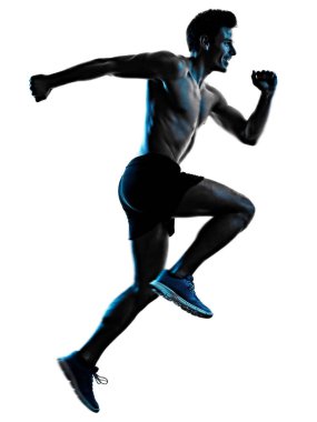 Genç adam fitness egzersizi gölge izole beyaz arka plan silueti