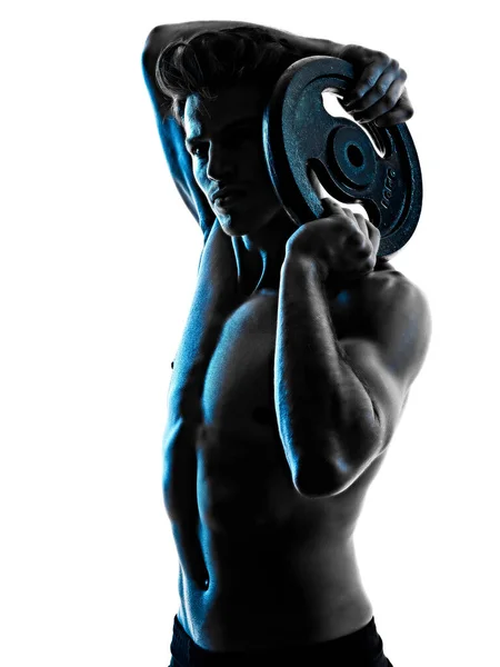 Junger Mann Fitness-Übung Ising Schatten isoliert weißen Hintergrund Silhouette — Stockfoto