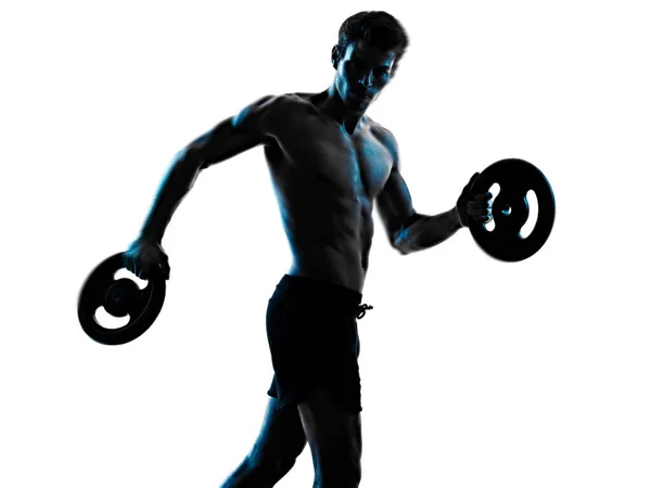 Mladý muž fitness cvičení cvičení Ising stín izolované bílé pozadí silueta — Stock fotografie