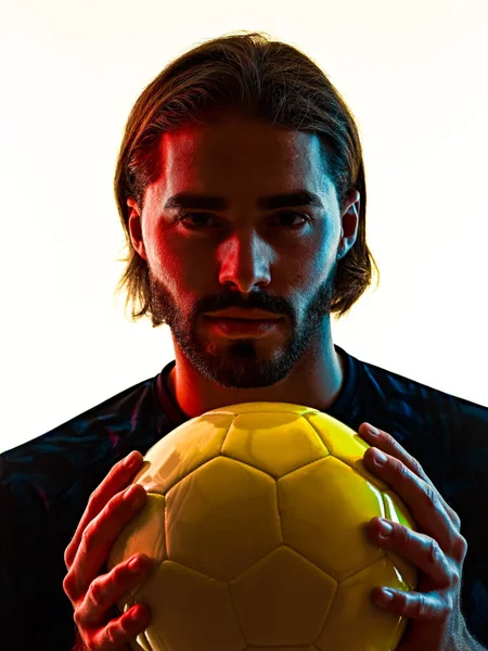 Jonge voetballer geïsoleerde witte achtergrond silhouet schaduw — Stockfoto