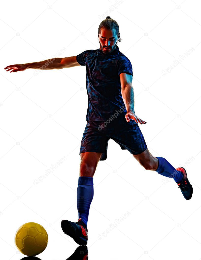 young soccer player isolated white background silhouette shadow