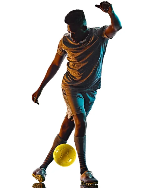 Jeune footballeur africain homme isolé fond blanc silhouette ombre — Photo