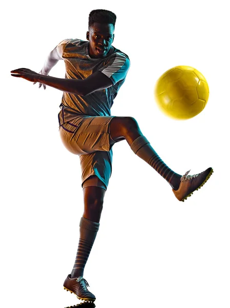 Jeune footballeur africain homme isolé fond blanc silhouette ombre — Photo