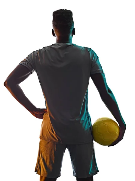 Junge afrikanische Fußballer Mann isoliert weißen Hintergrund Silhouette Schatten — Stockfoto