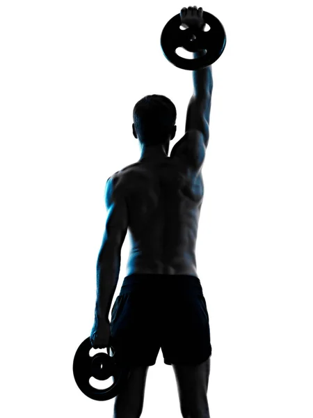 Jongeman fitness oefening oefenen schaduw geïsoleerde witte achtergrond silhouet — Stockfoto