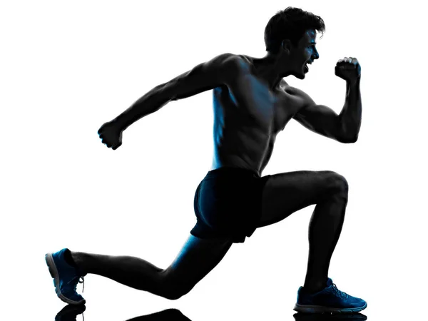 Young man fitness exercise exercIsing shadow isolated white background silhouette — Stock Photo, Image