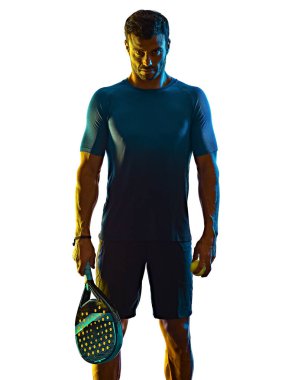 olgun adam Paddle Padel oynatıcı gölge silueti izole edilmiş beyaz arkaplan