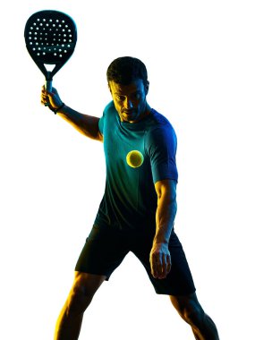 olgun adam Paddle Padel oynatıcı gölge silueti izole edilmiş beyaz arkaplan