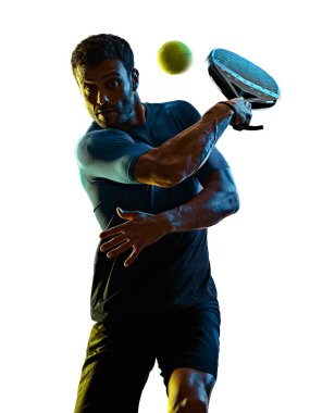 olgun adam Paddle Padel oynatıcı gölge silueti izole edilmiş beyaz arkaplan