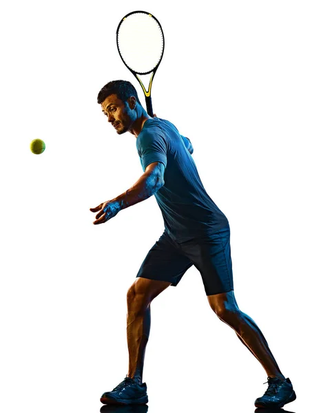 Mature homme Tennis Joueur ombre silhouette isolé blanc fond — Photo