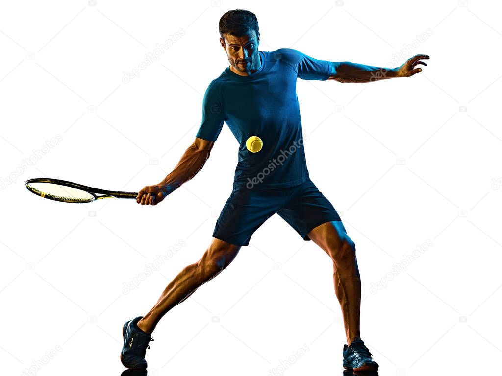 mature man Tennis Player shadow silhouette isolated white background