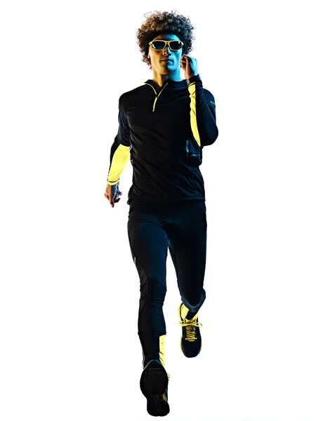 Youg juoksija lenkkeily mies siluetti eristetty valkoinen tausta — kuvapankkivalokuva