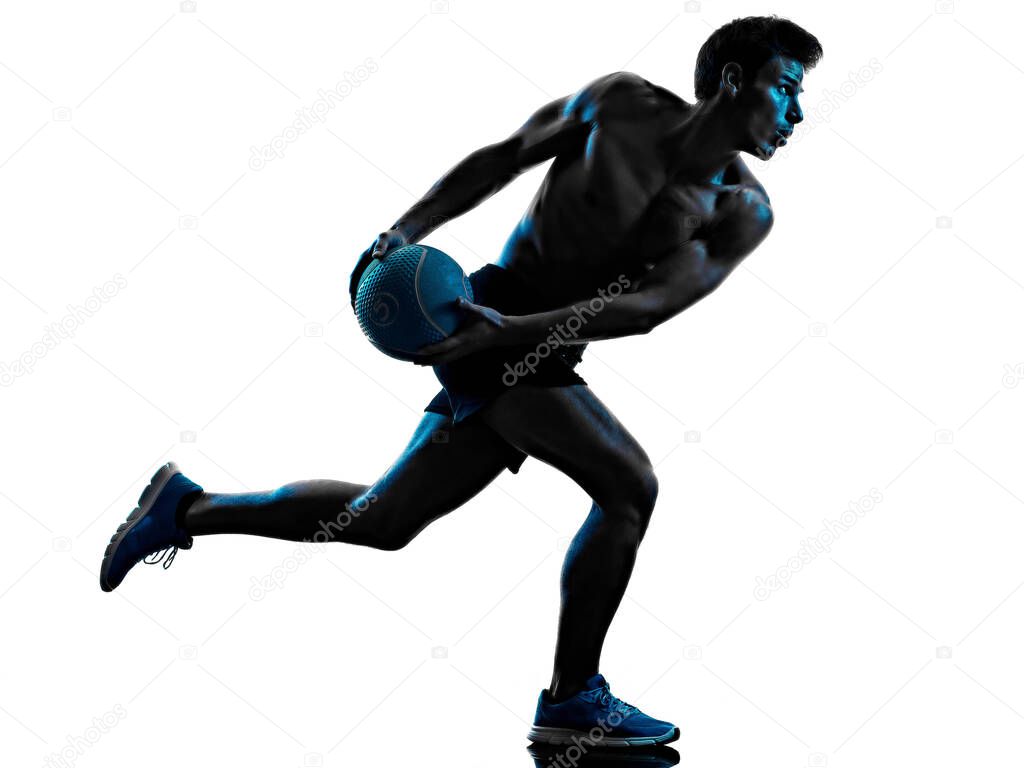 young man fitness exercise weight shadow isolated white background silhouette