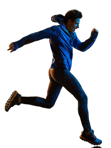 Trail Crossläufer Laufen Mann Silhouette Schatten isoliert weißen Hintergrund — Stockfoto