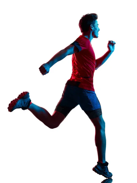 Pista cross country corredor corriendo hombre silueta sombra aislado blanco fondo Fotos de stock libres de derechos
