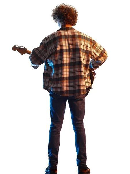 Young man guitar player shadow silhouette isolated white background — Stock Photo, Image