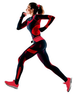 Kadın koşucu koşu koşucusu eşofman altı yalıtılmış beyaz arkaplan