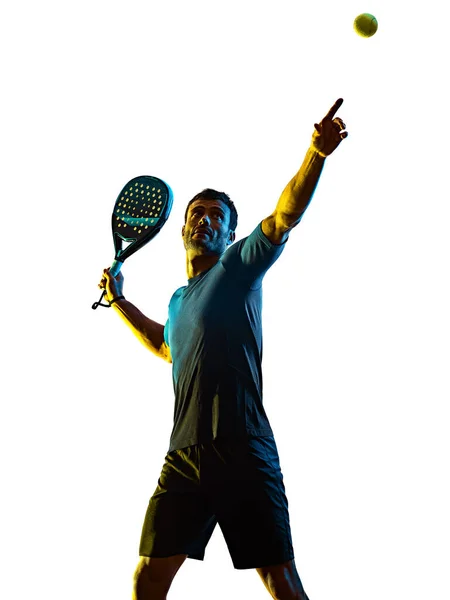 Maturo uomo paddle padel giocatore ombra silhouette isolato bianco sfondo Foto Stock