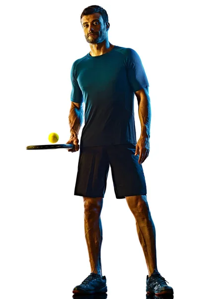 Älterer Mann Tennisspieler Schatten Silhouette isoliert weißen Hintergrund Stockbild