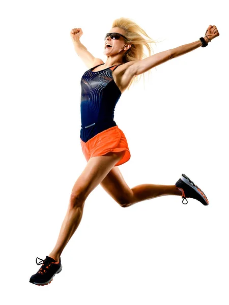 Krásná ženská běžkyně běhala běhat s osamělé bílé pozadí — Stock fotografie