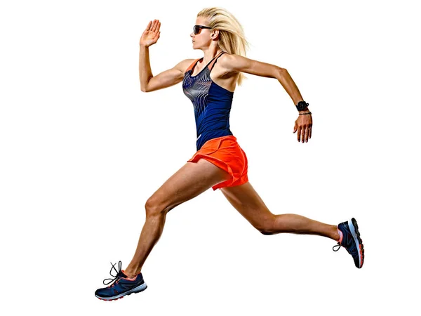 Mooie vrouw runner jogger joggen Running geïsoleerde witte achtergrond Stockfoto