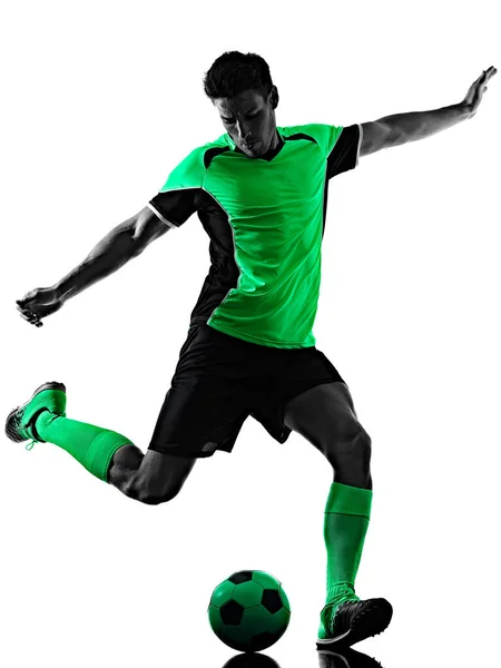 Junger Fußballer Mann Silhouette Schatten isoliert weißen Hintergrund Stockbild