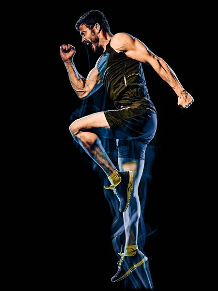 Fitness Cardio-Boxen Übung Körper Kampf Mann isoliert schwarzen Hintergrund — Stockfoto