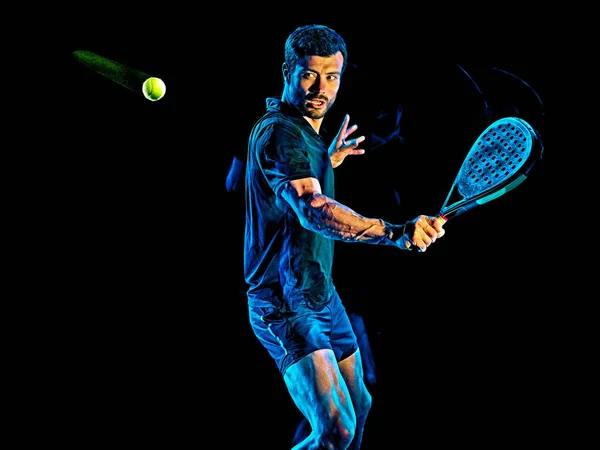 Paddel-Tennisspieler Mann Licht Malerei isoliert schwarzen Hintergrund Stockbild