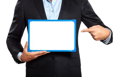 bir iş adamı el gösteren beyaz tahta tutarak kapatmak