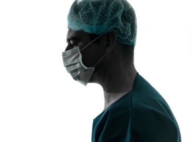 Doktor cerrah adam profili dikey, yüz maskesi siluet