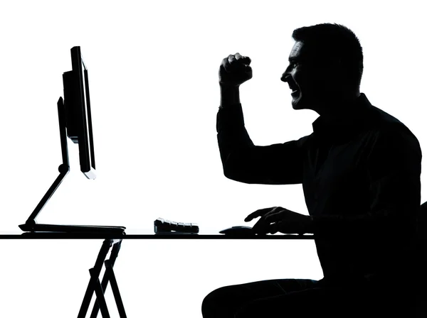 One business man silhouette computer computing happy — Stock Photo, Image