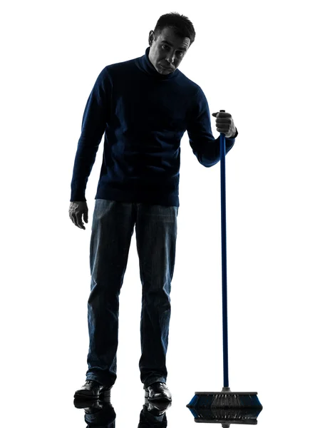 Man janitor brooming cleaner boredom silhouette full length — Stock Photo, Image