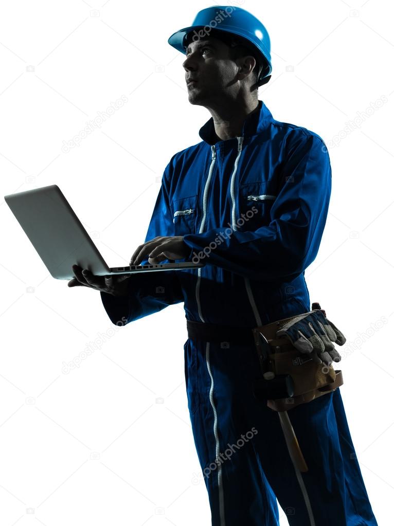 man construction worker computing computer silhouette portrait