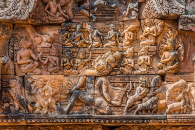 Ravana Tanrı Banteay Srei hindu pembe tapınak Cambodi oyma lento