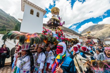 Virgen del Carmen parade peruvian Andes  Pisac Peru clipart